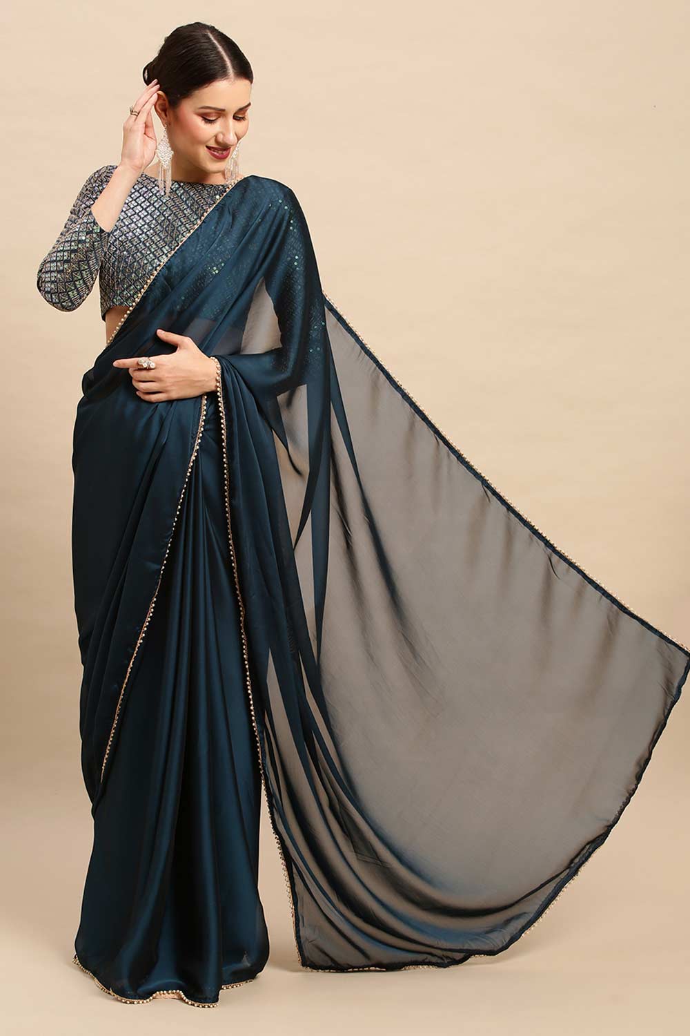 Buy Avani Teal Blue Georgette Solid One Minute Saree Online - Back