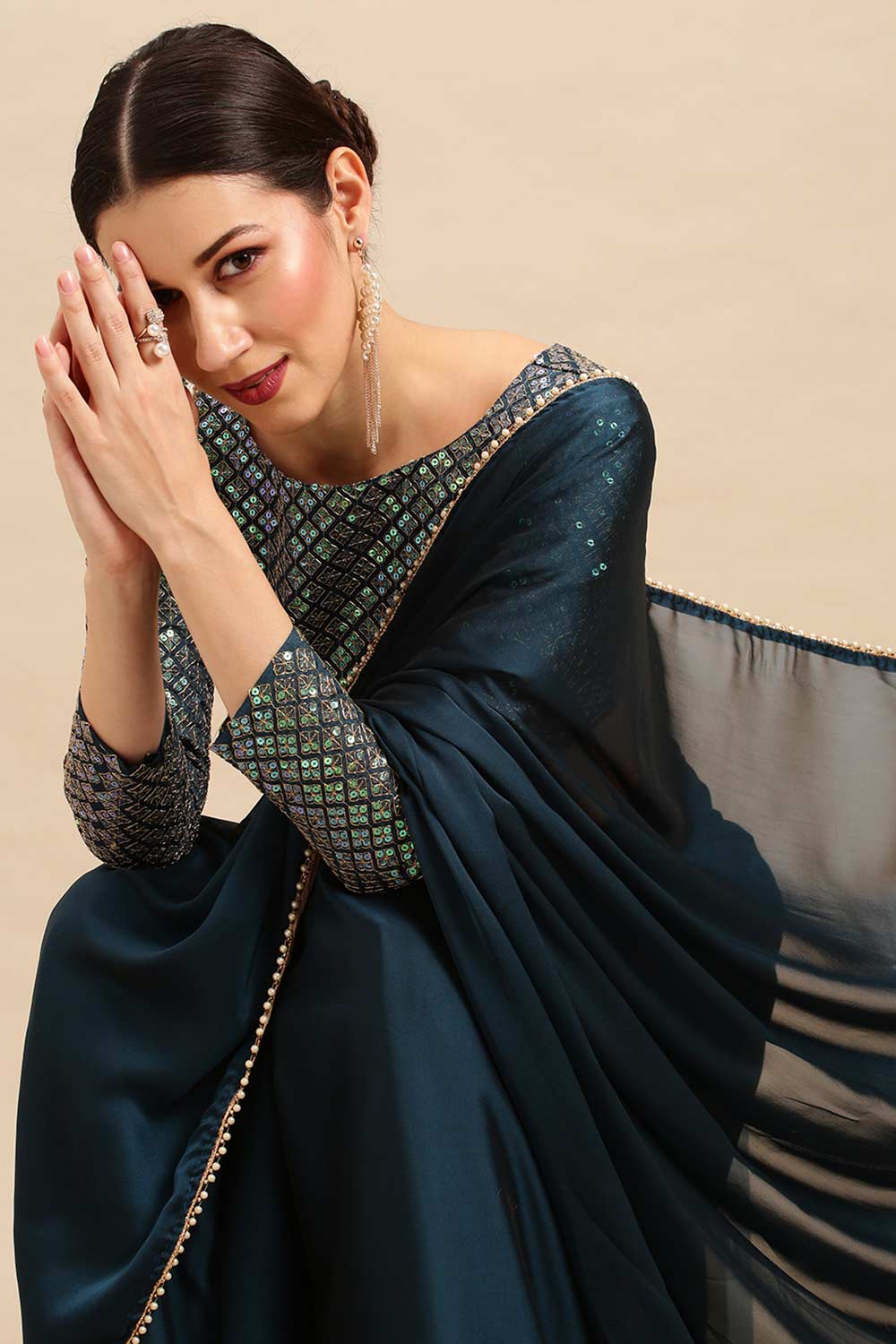 Buy Avani Teal Blue Georgette Solid One Minute Saree Online - Front