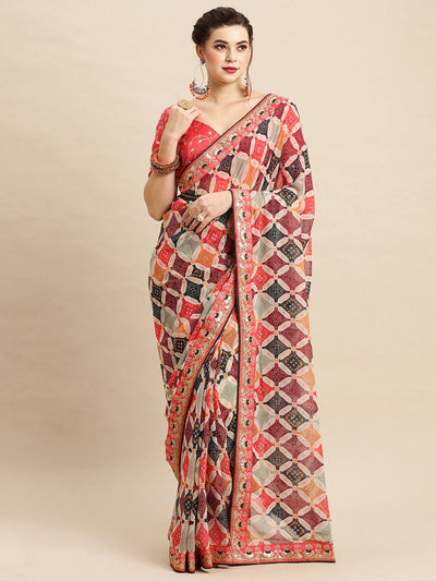 Buy Tula Patchwork Georgette Bandhani One Minute Saree Online - Back