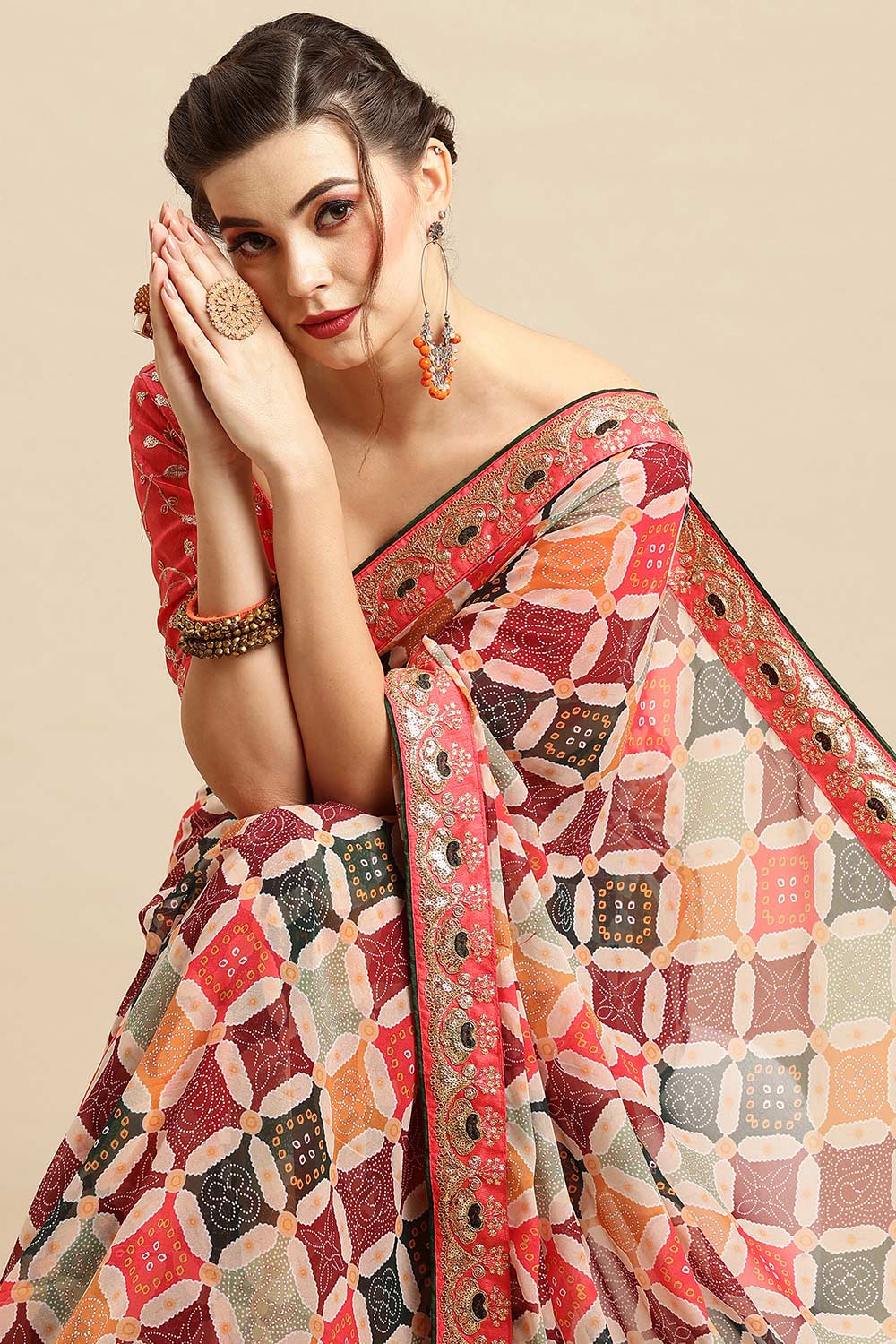 Buy Tula Patchwork Georgette Bandhani One Minute Saree Online - One Minute Saree