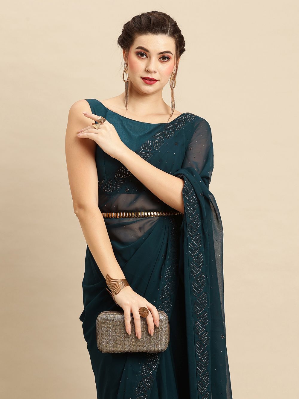 Buy Zohra Teal Georgette Mukaish Solid Saree Online