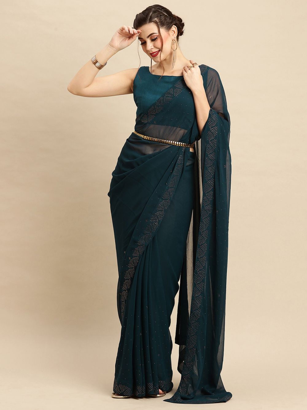 Buy Zohra Teal Georgette Mukaish Solid Saree Online - Back