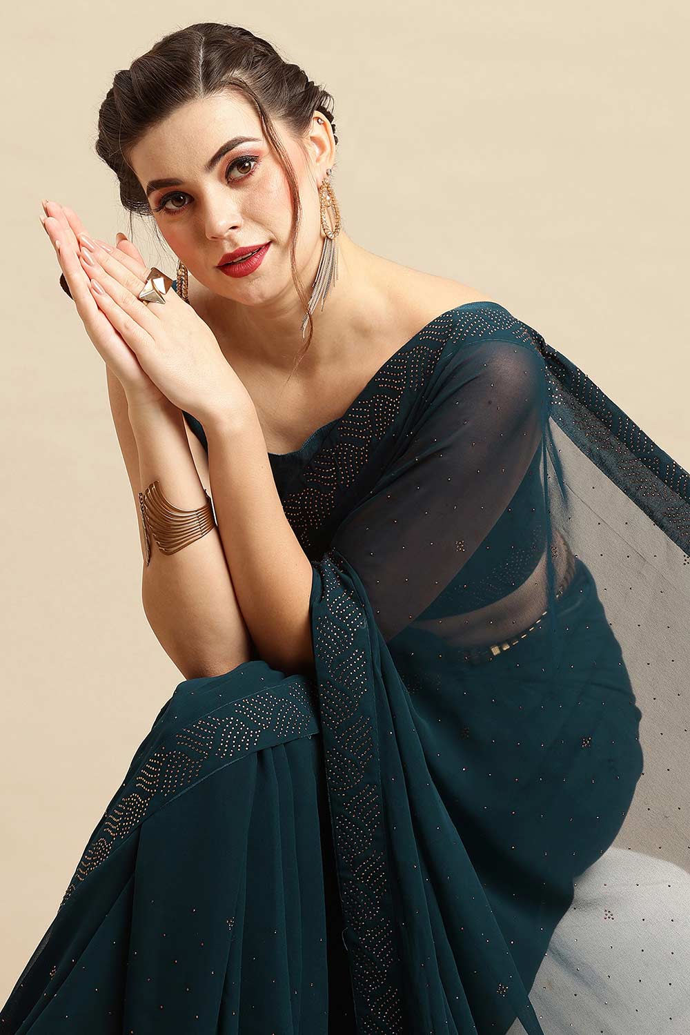 Buy Zohra Teal Georgette Mukaish Solid Saree Online - One Minute Saree