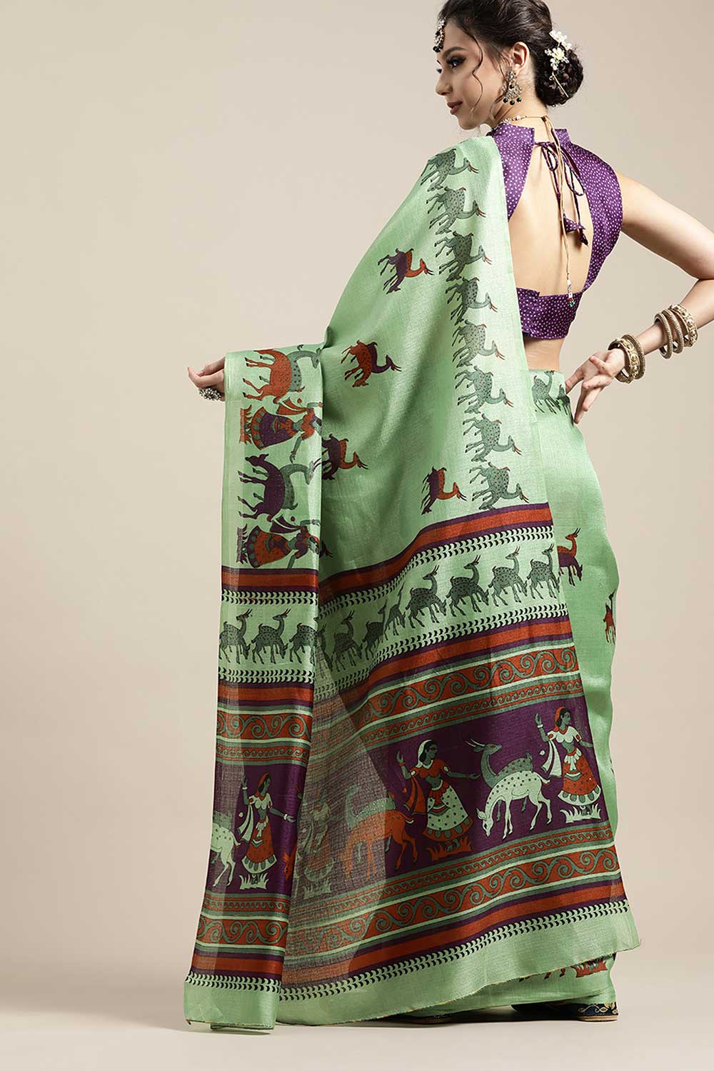 Shop Luci Green Bhagalpuri Silk Animal Block Print One Minute Saree at best offer at our  Store - One Minute Saree