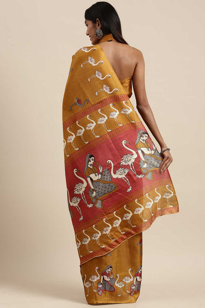 Shop Lata Gold Bhagalpuri Silk Animal Block Print One Minute Saree at best offer at our  Store - One Minute Saree