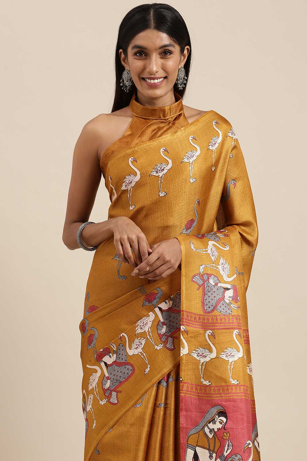 Buy Lata Gold Bhagalpuri Silk Animal Block Print One Minute Saree Online - Back
