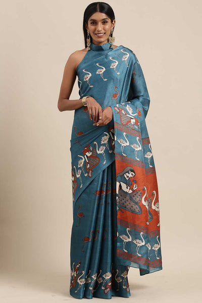 Buy Pippa Teal Blue Bhagalpuri Silk Animal Print One Minute Saree Online - One Minute Saree