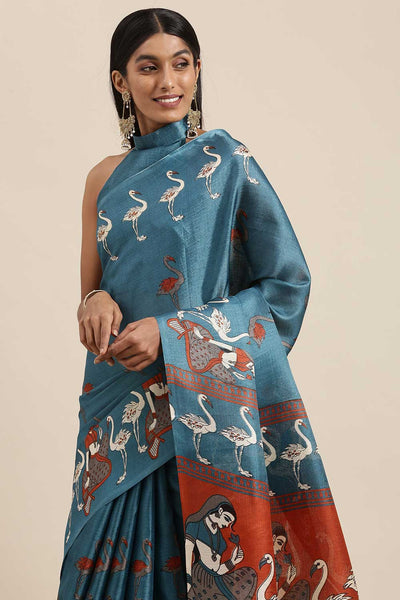 Buy Pippa Teal Blue Bhagalpuri Silk Animal Print One Minute Saree Online - Back