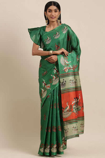 Buy Hera Green Bhagalpuri Silk Animal Block Print One Minute Saree Online - One Minute Saree