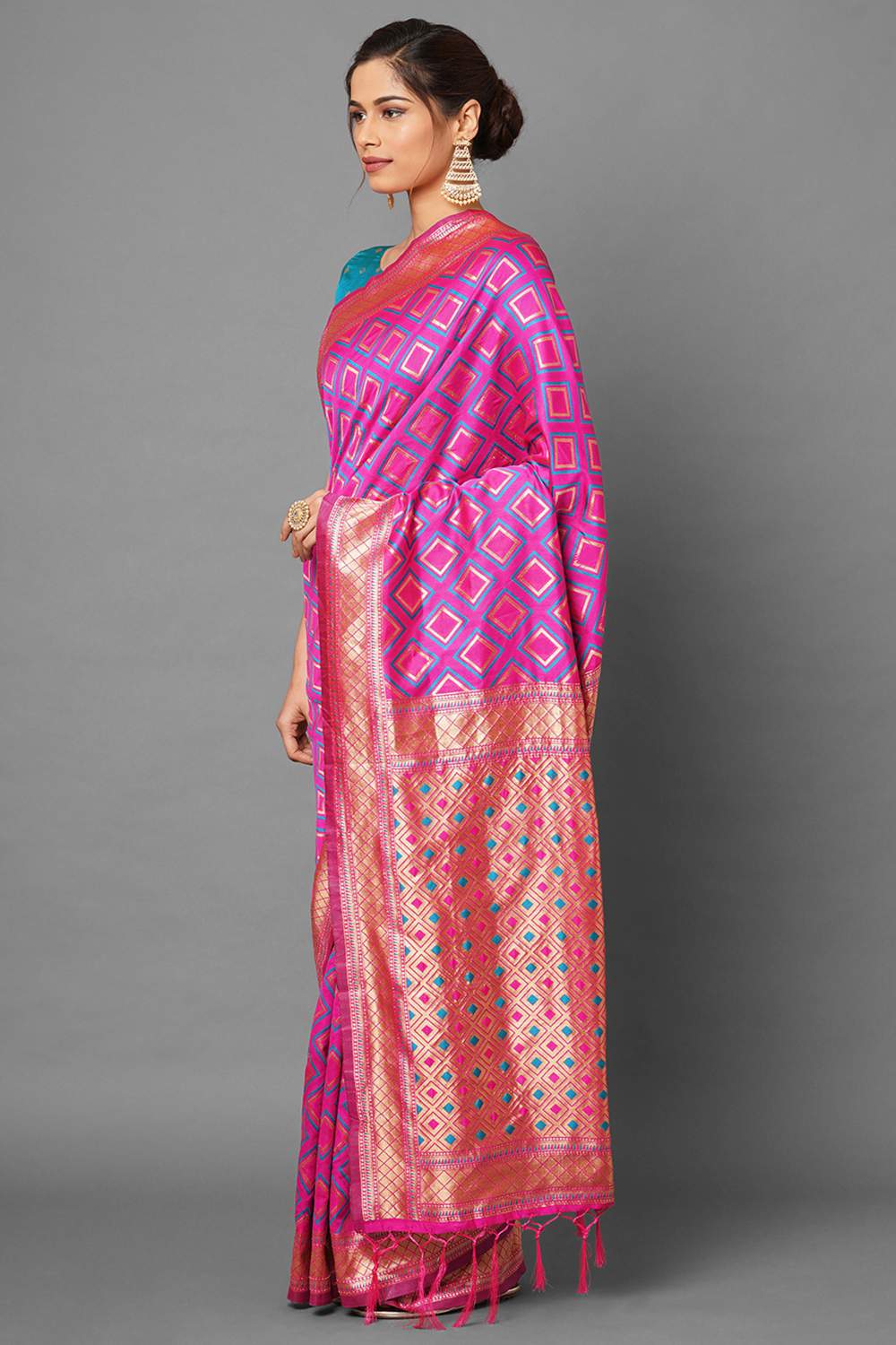 Buy Jenna Pink Woven Silk Blend One Minute Saree Online - Front