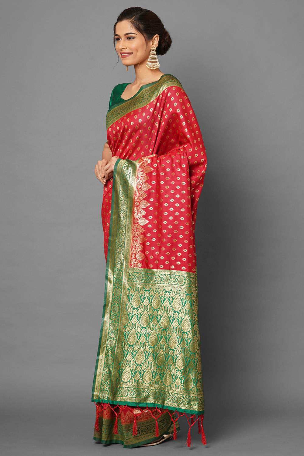 Buy Jali Red Woven Silk Blend One Minute Saree Online - Front