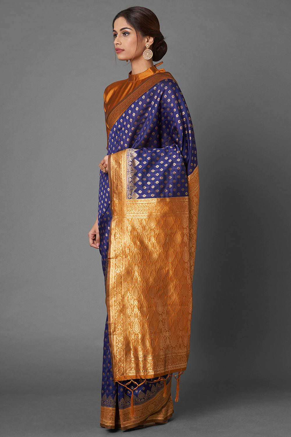 Buy Uma Navy Blue Woven Silk Blend One Minute Saree Online - Front