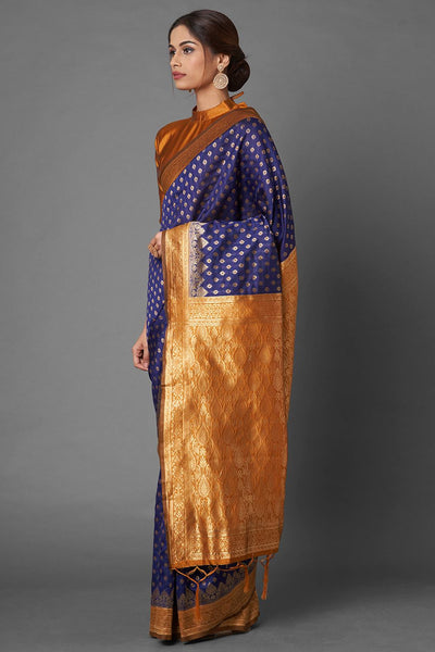 Buy Uma Navy Blue Woven Silk Blend One Minute Saree Online - Front