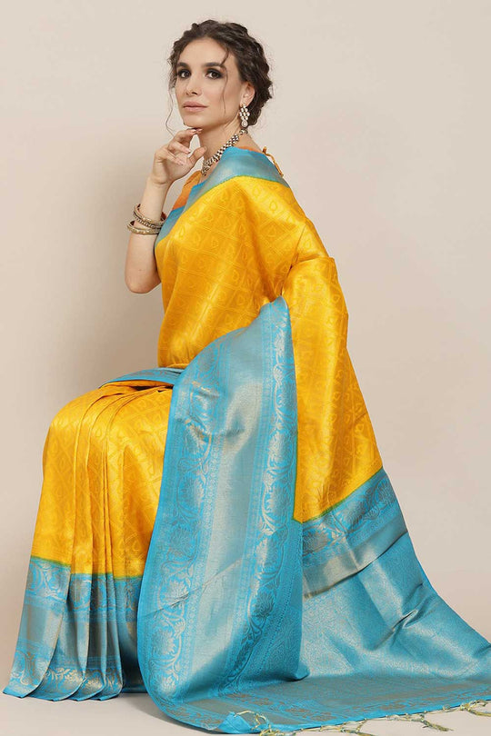 Buy Leanne Yellow & Blue Kanjivaram Litchi Silk Woven One Minute Saree Online - One Minute Saree