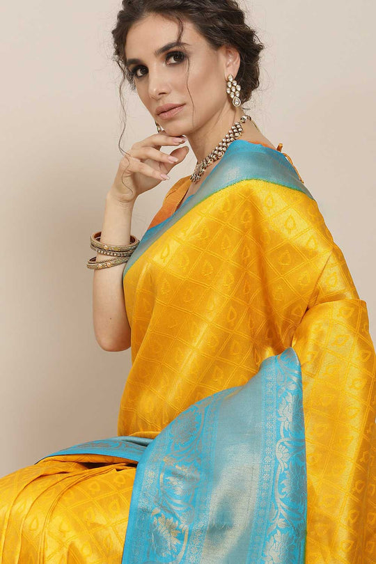 Buy Leanne Yellow & Blue Kanjivaram Litchi Silk Woven One Minute Saree Online