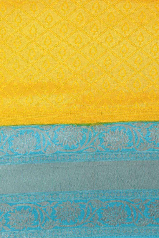Buy Leanne Yellow & Blue Kanjivaram Litchi Silk Woven One Minute Saree Online - Back