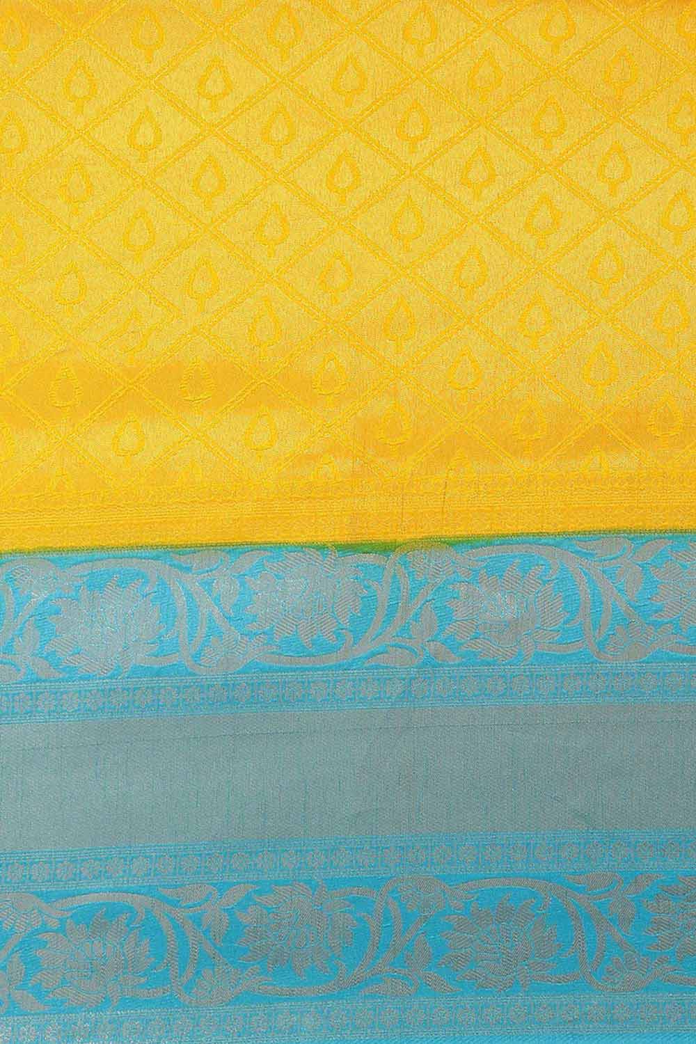 Buy Leanne Yellow & Blue Kanjivaram Litchi Silk Woven One Minute Saree Online - Back