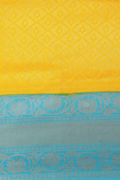 Buy Leanne Yellow & Blue Kanjivaram Litchi Silk Woven One Minute Saree Online - Back