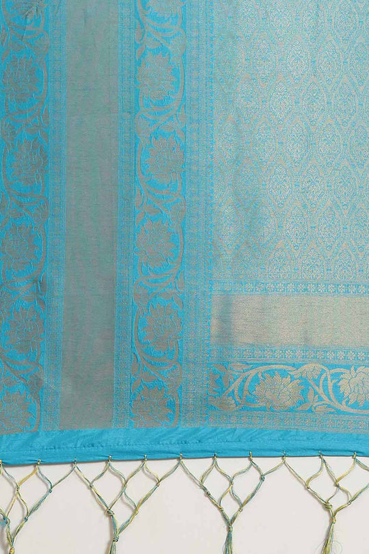 Buy Leanne Yellow & Blue Kanjivaram Litchi Silk Woven One Minute Saree Online - Front