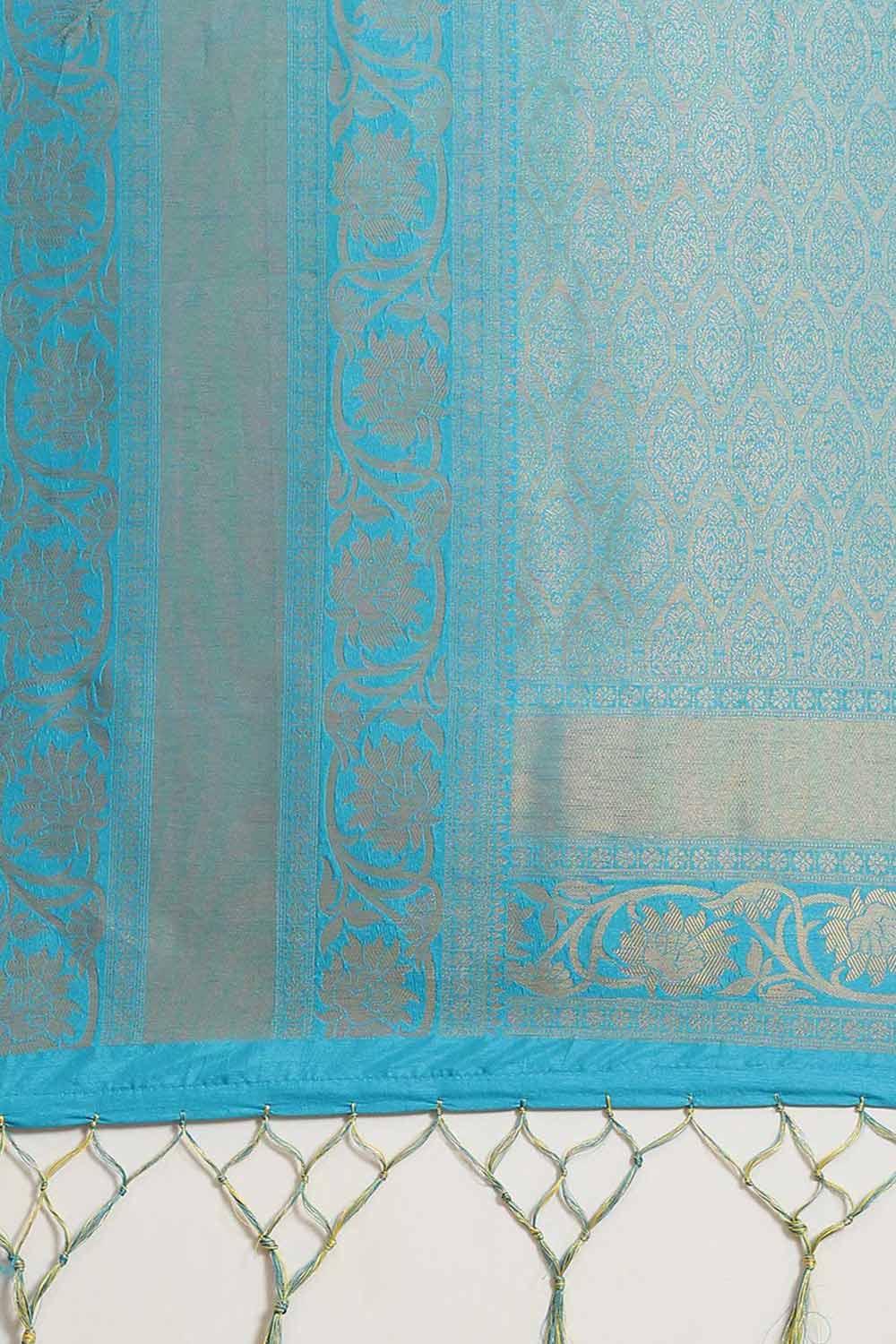 Buy Leanne Yellow & Blue Kanjivaram Litchi Silk Woven One Minute Saree Online - Front