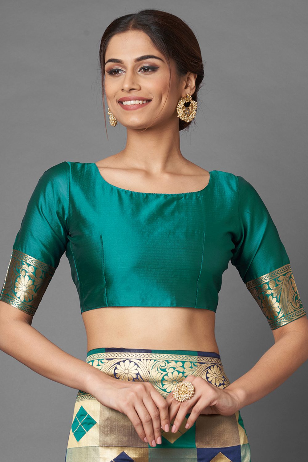 Buy Neha Sea Green & Navy Blue Woven Silk Blend One Minute Saree Online