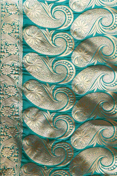 Buy Neha Sea Green & Navy Blue Woven Silk Blend One Minute Saree Online - Back