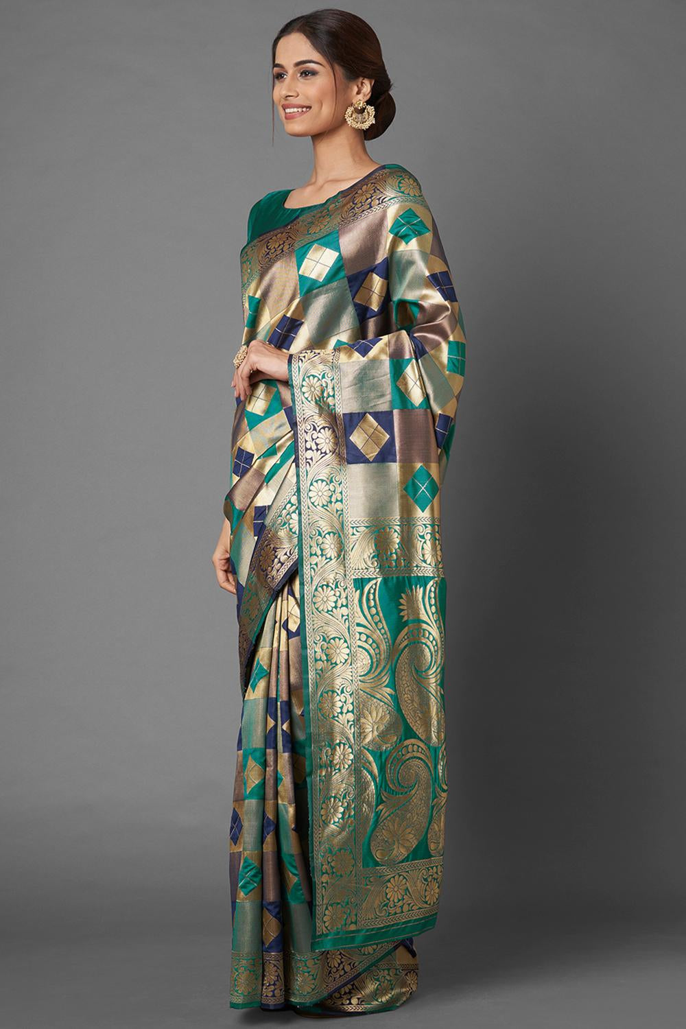 Buy Neha Sea Green & Navy Blue Woven Silk Blend One Minute Saree Online - Front