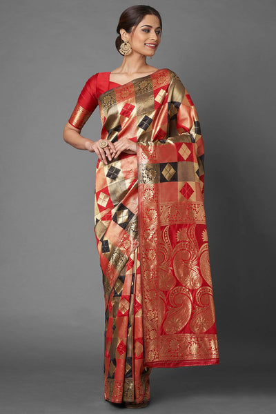 Buy Ria Red & Black Woven Silk Blend One Minute Saree Online - One Minute Saree