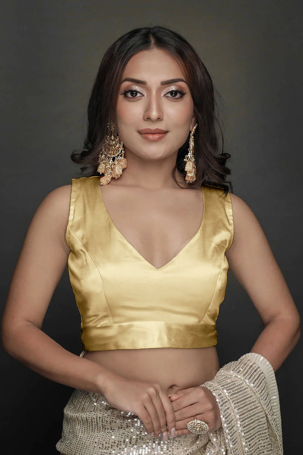 Buy Serena Comfort Stretch Gold Satin Custom Design Blouse Online - One Minute Saree