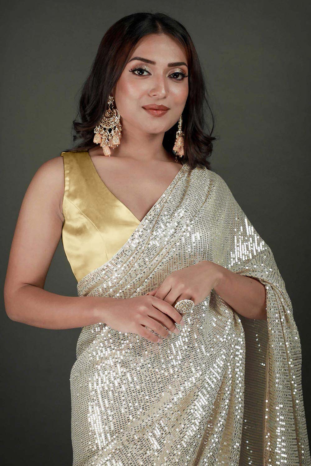 Buy Serena Comfort Stretch Gold Satin Custom Design Blouse Online