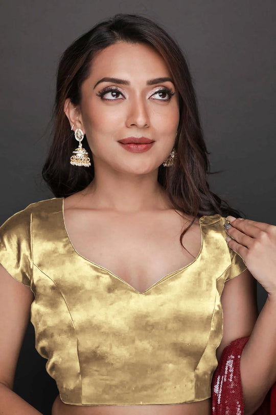 Shop Jenna Comfort Stretch Gold Satin Custom Design Blouse at best offer at our  Store - One Minute Saree