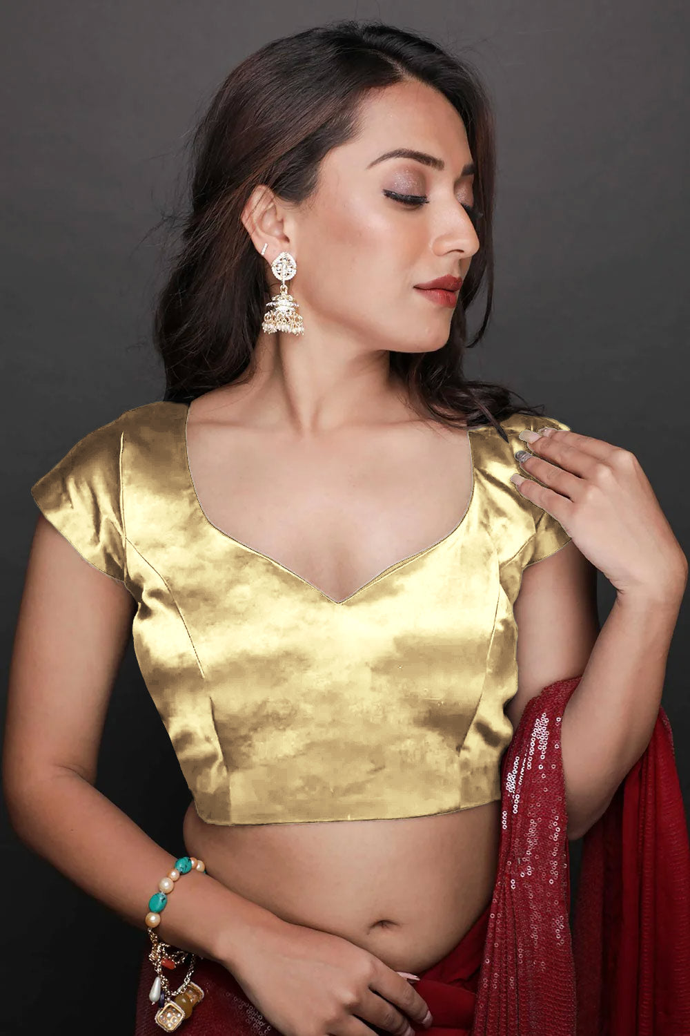 Buy Jenna Comfort Stretch Gold Satin Custom Design Blouse Online - One Minute Saree