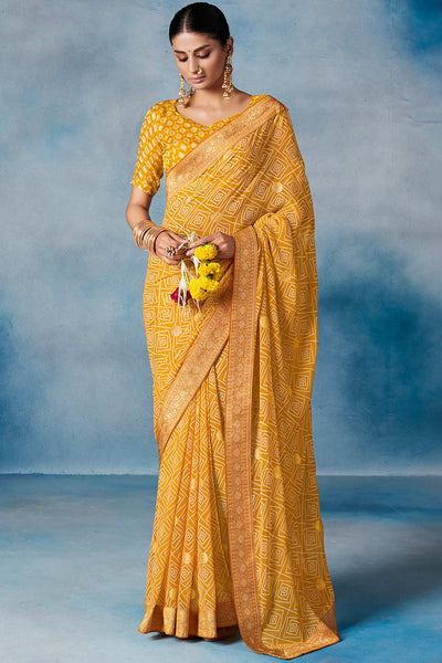 Buy Chitra Yellow Georgette Geometric Printed One Minute Saree Online - One Minute Saree