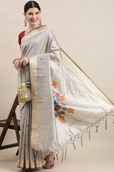 Buy Priyanka Grey Polka Dot Cotton Silk One Minute Saree Online