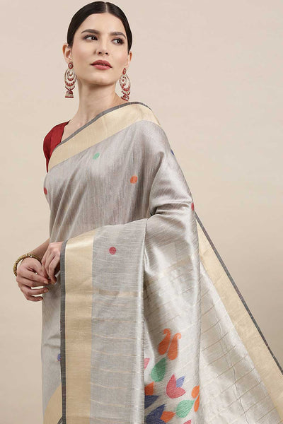 Buy Priyanka Grey Polka Dot Cotton Silk One Minute Saree Online - Back