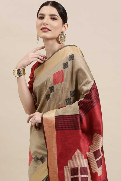 Buy Karina Cream Banarasi Cotton Silk One Minute Saree Online - Back