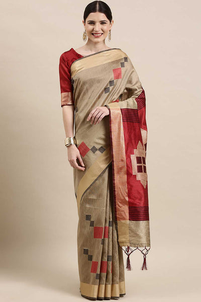 Buy Karina Cream Banarasi Cotton Silk One Minute Saree Online - One Minute Saree