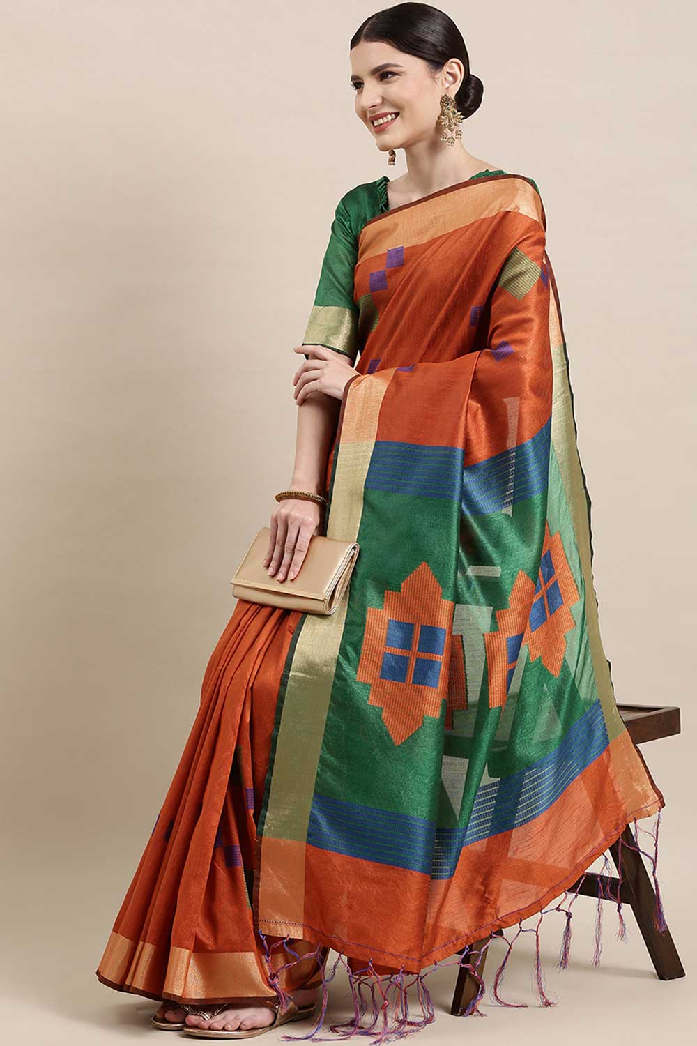 Buy Geraldine Orange Banarasi Cotton Silk One Minute Saree Online