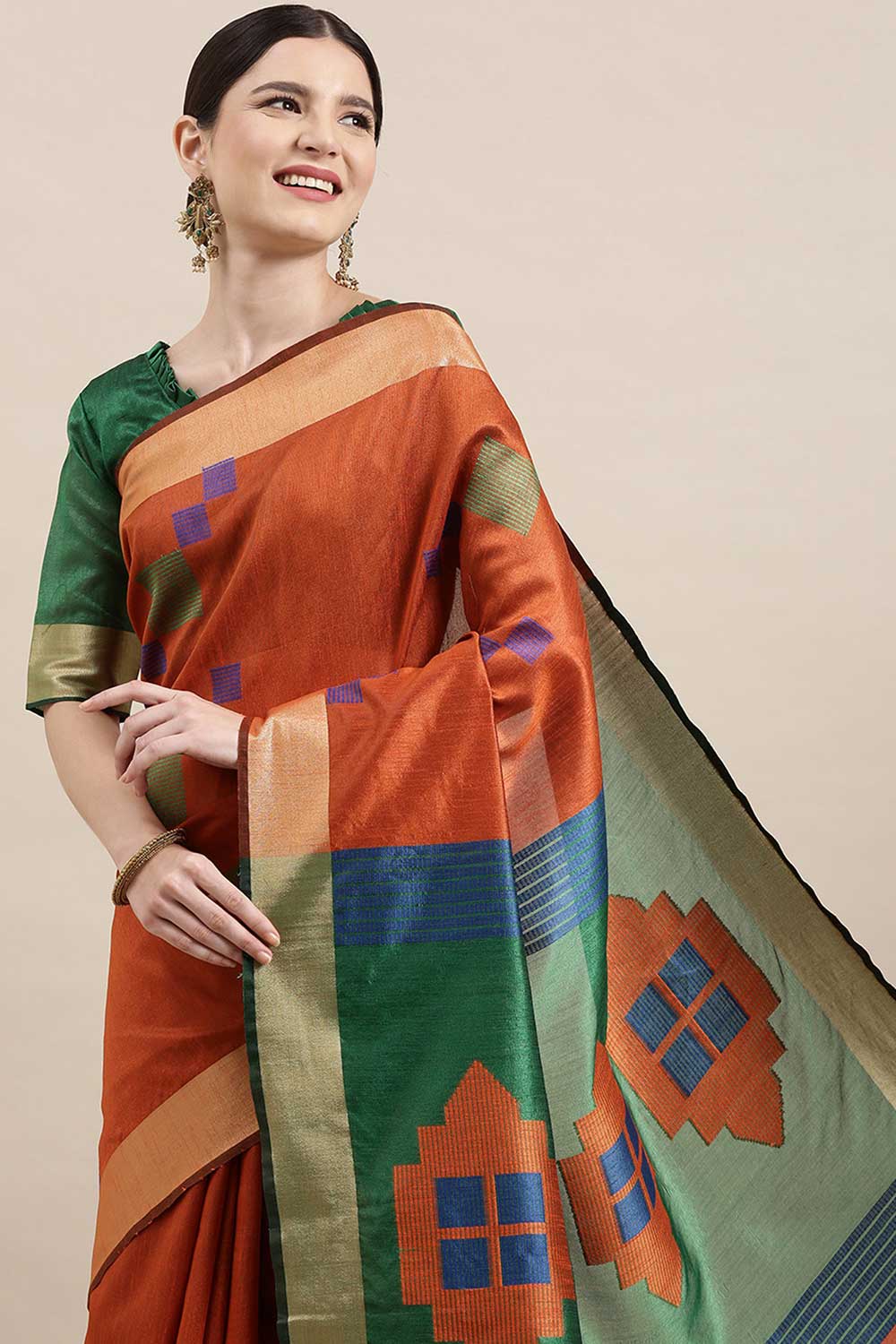 Buy Geraldine Orange Banarasi Cotton Silk One Minute Saree Online - Back