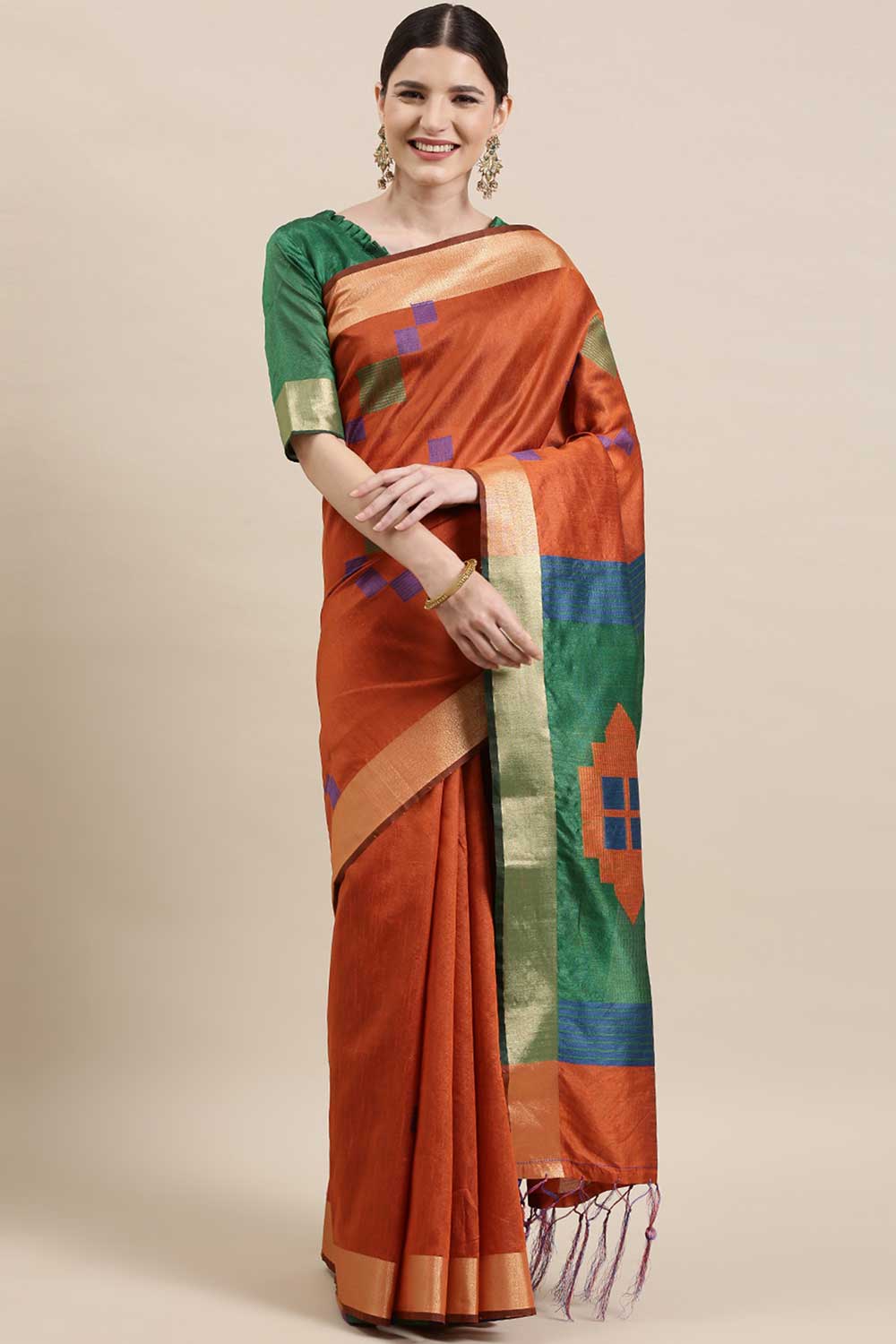 Buy Geraldine Orange Banarasi Cotton Silk One Minute Saree Online - One Minute Saree