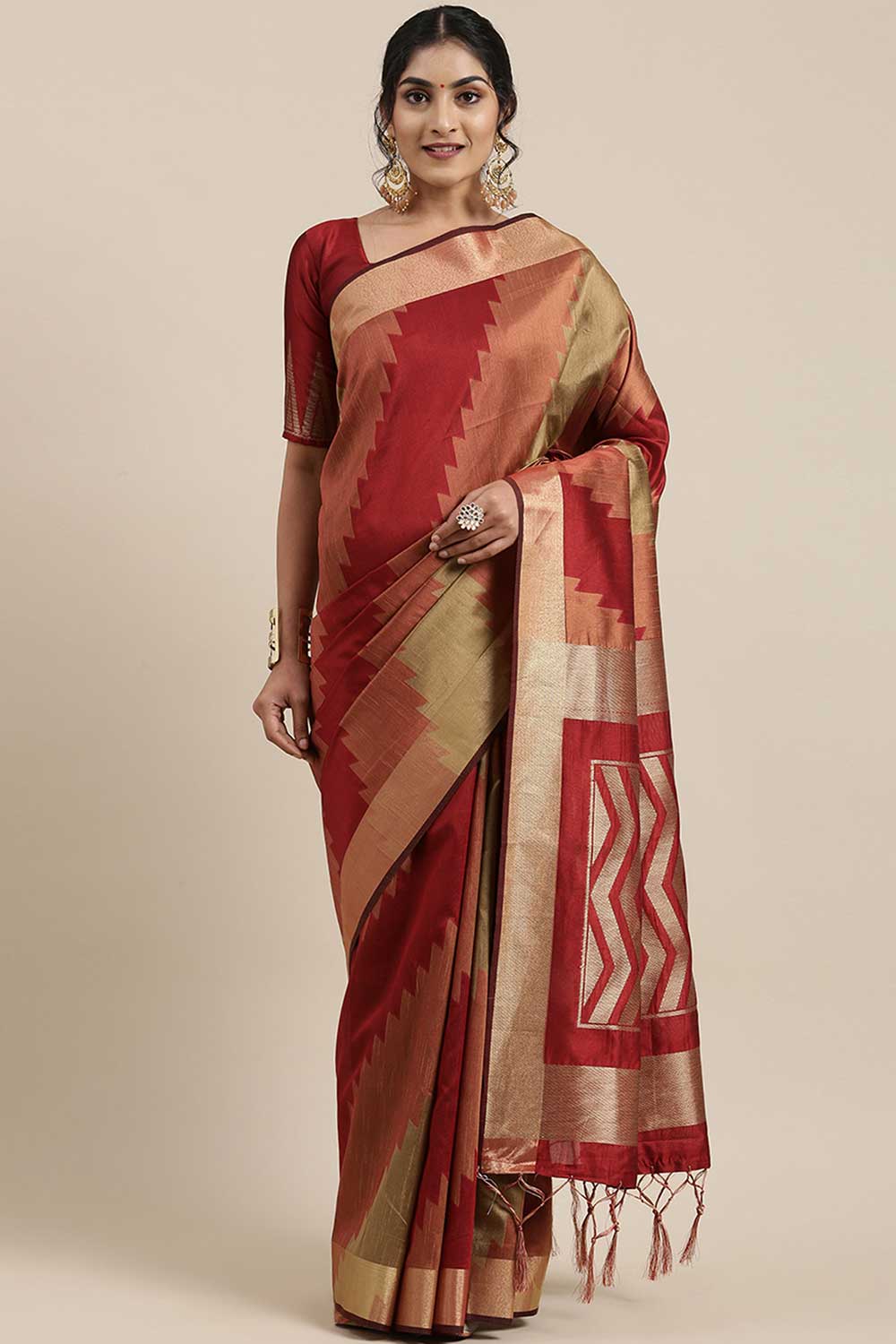 Buy Amber Rust Banarasi Cotton Silk One Minute Saree Online - One Minute Saree
