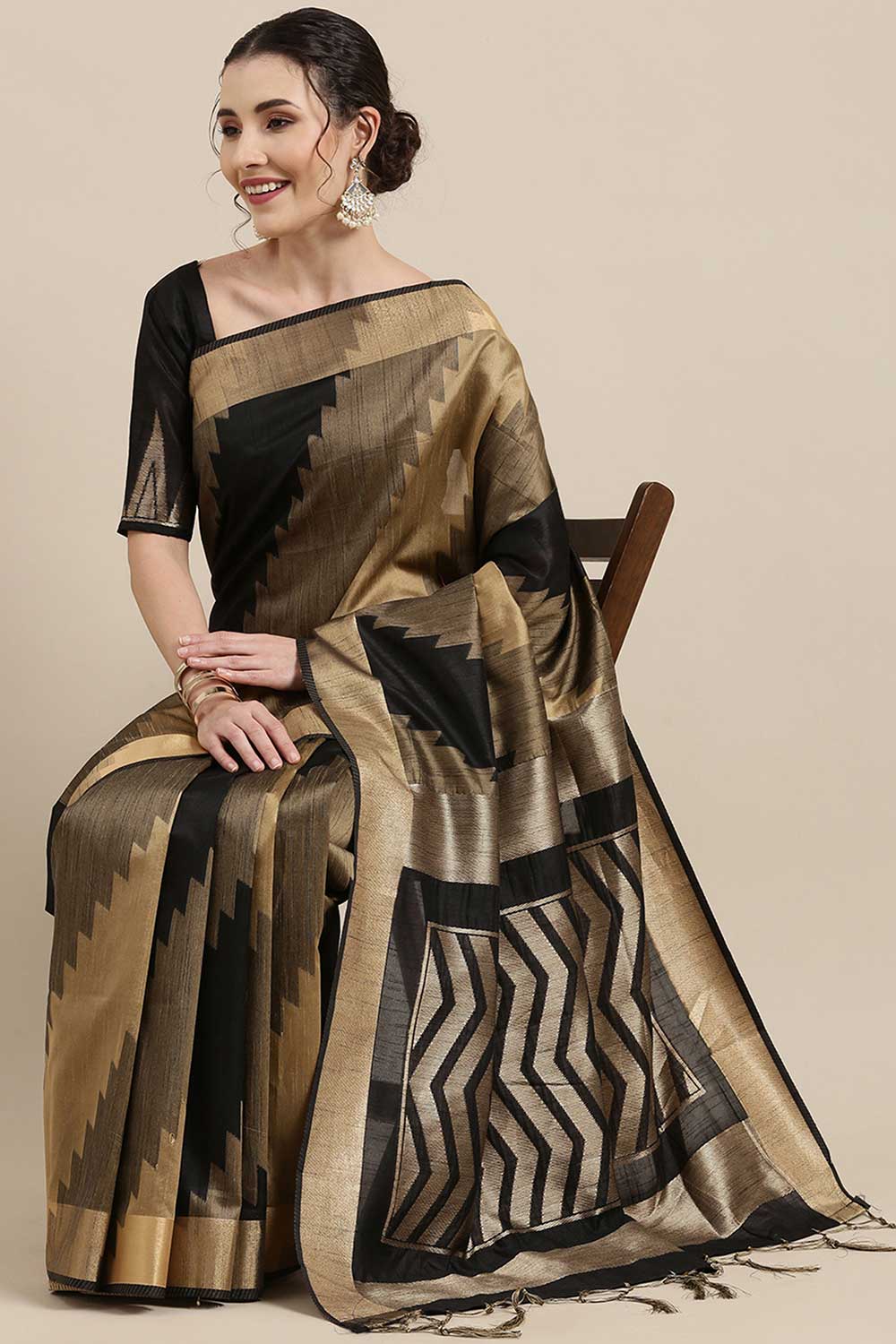 Buy Bianca Black Banarasi Cotton Silk One Minute Saree Online