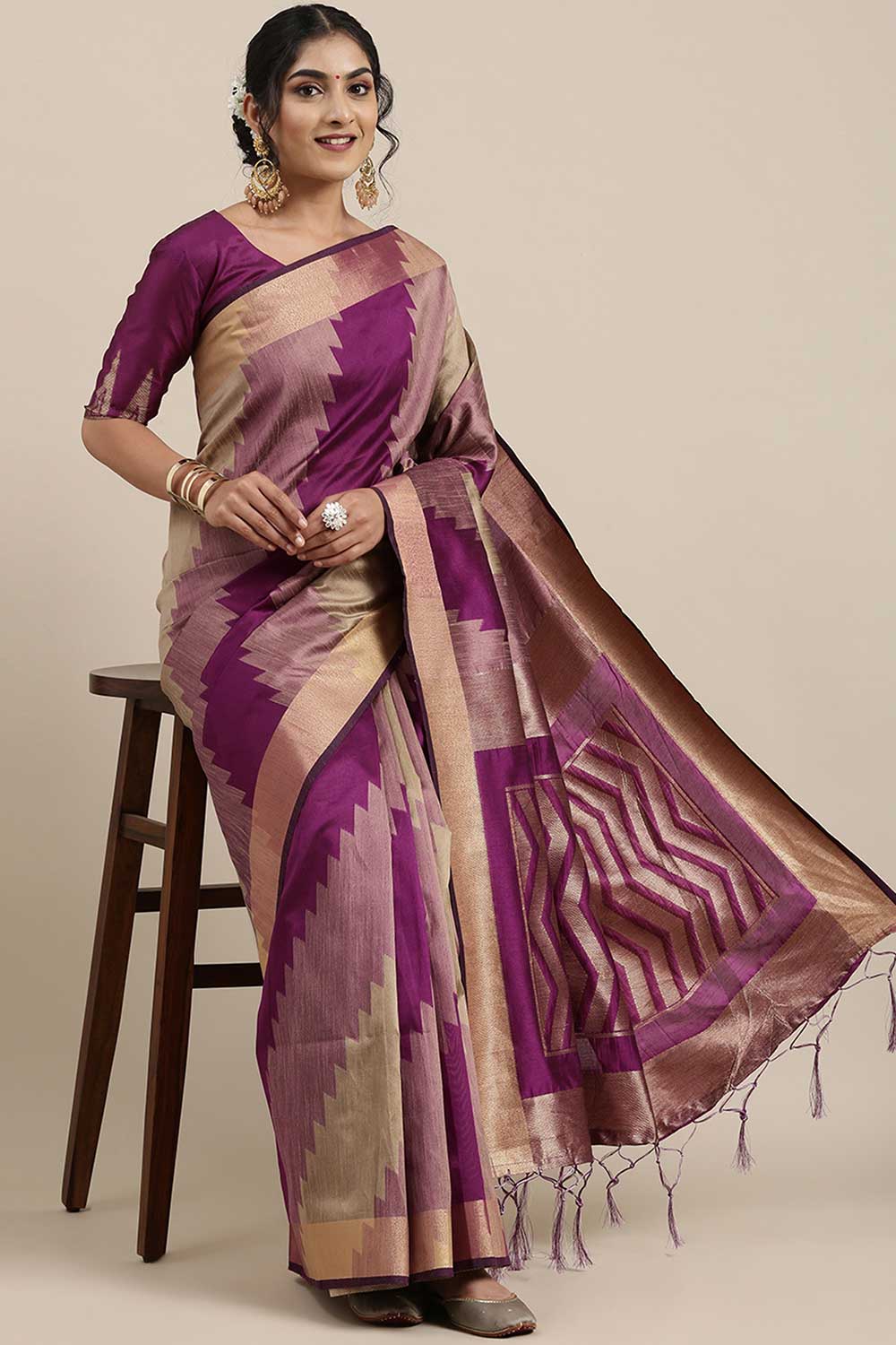 Buy Justine Purple Banarasi Cotton Silk One Minute Saree Online