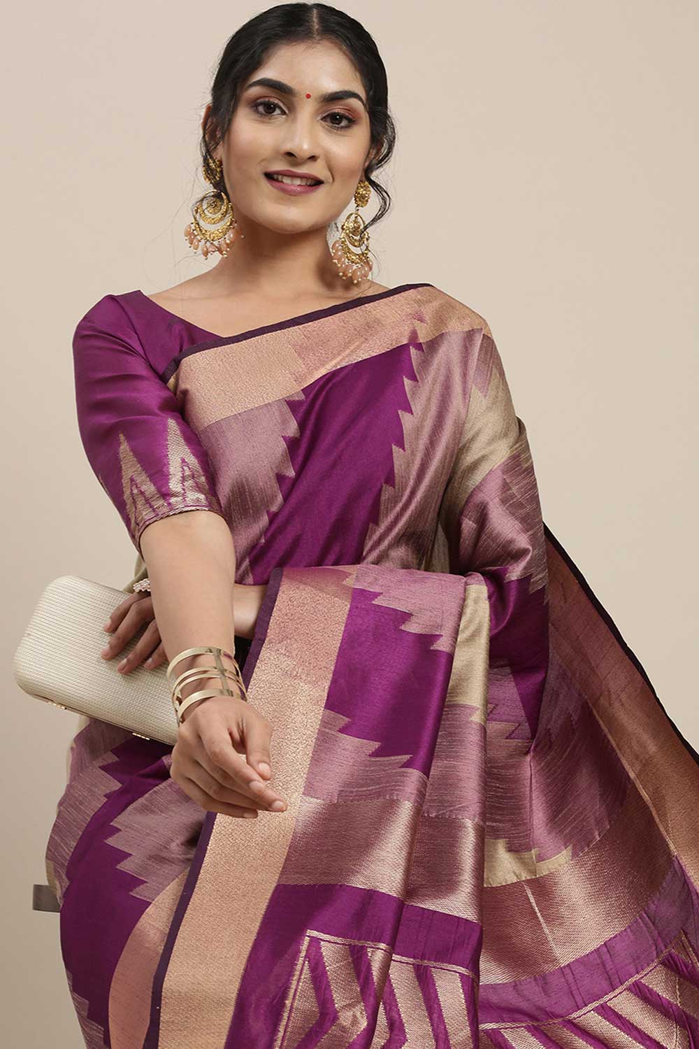 Buy Justine Purple Banarasi Cotton Silk One Minute Saree Online - Back