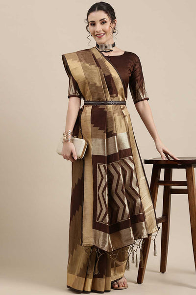 Buy Bim Brown Banarasi Cotton Silk One Minute Saree Online