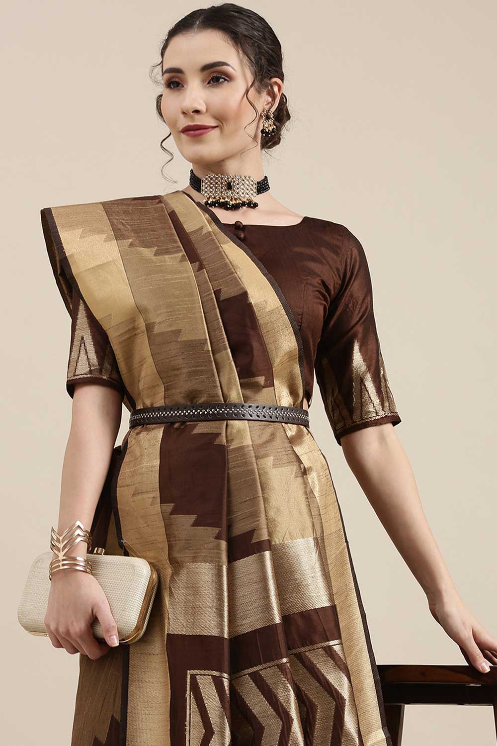 Buy Bim Brown Banarasi Cotton Silk One Minute Saree Online - Back