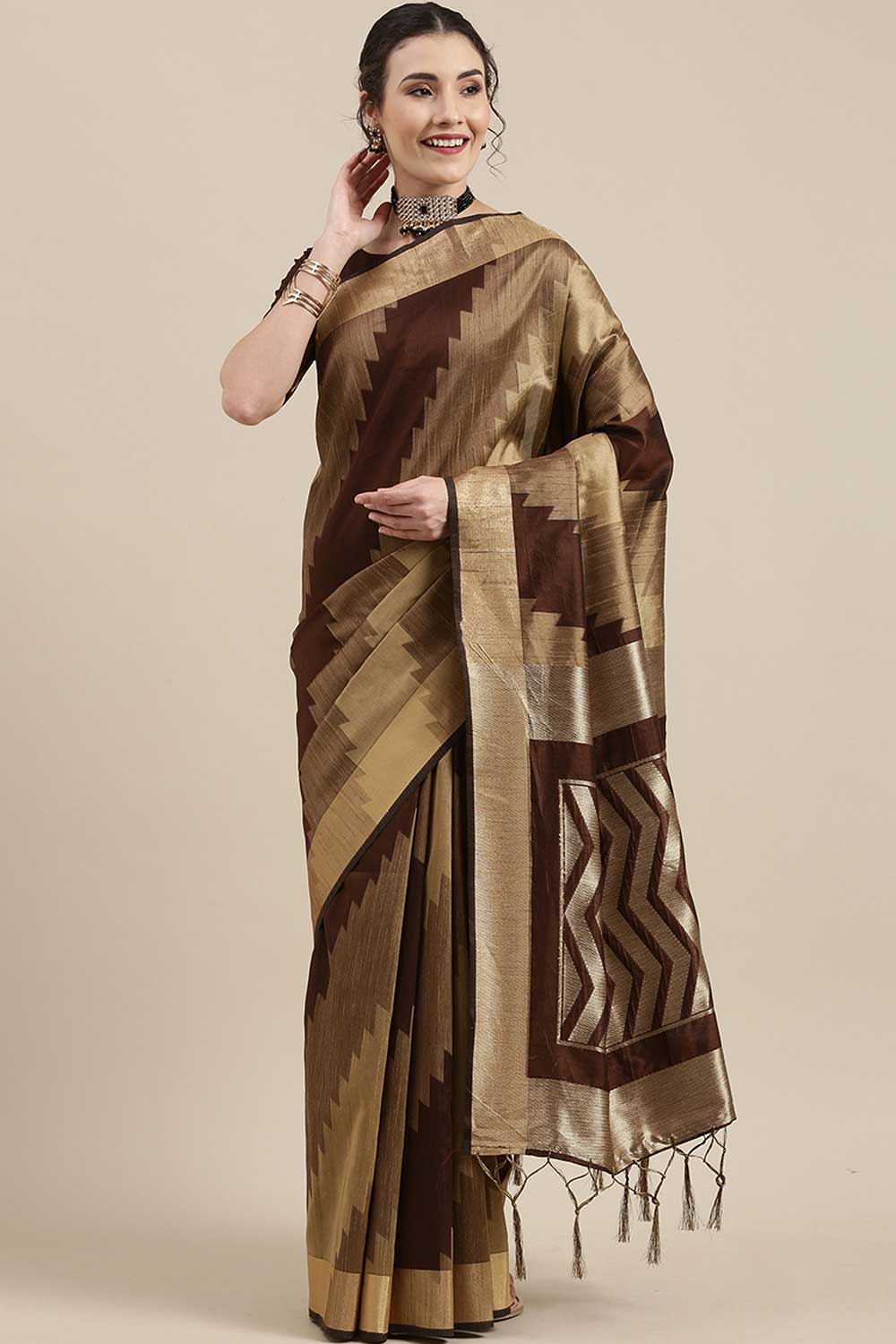 Buy Bim Brown Banarasi Cotton Silk One Minute Saree Online - One Minute Saree