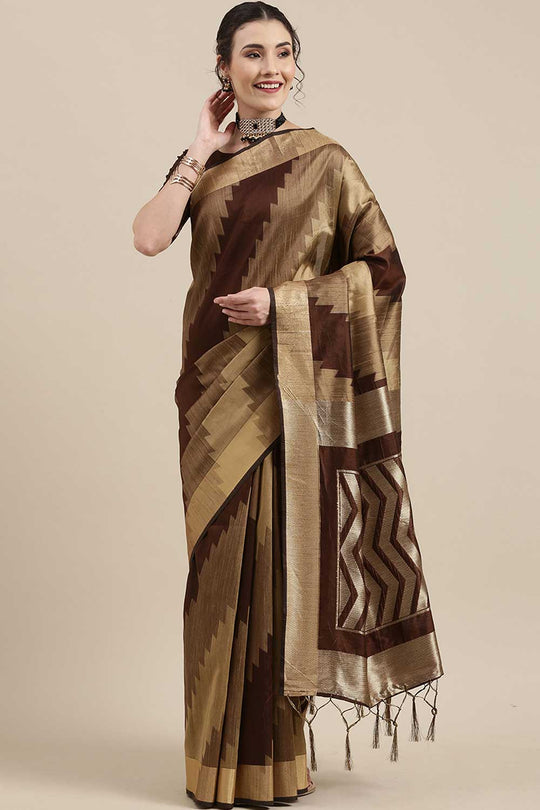 Buy Bim Brown Banarasi Cotton Silk One Minute Saree Online - One Minute Saree
