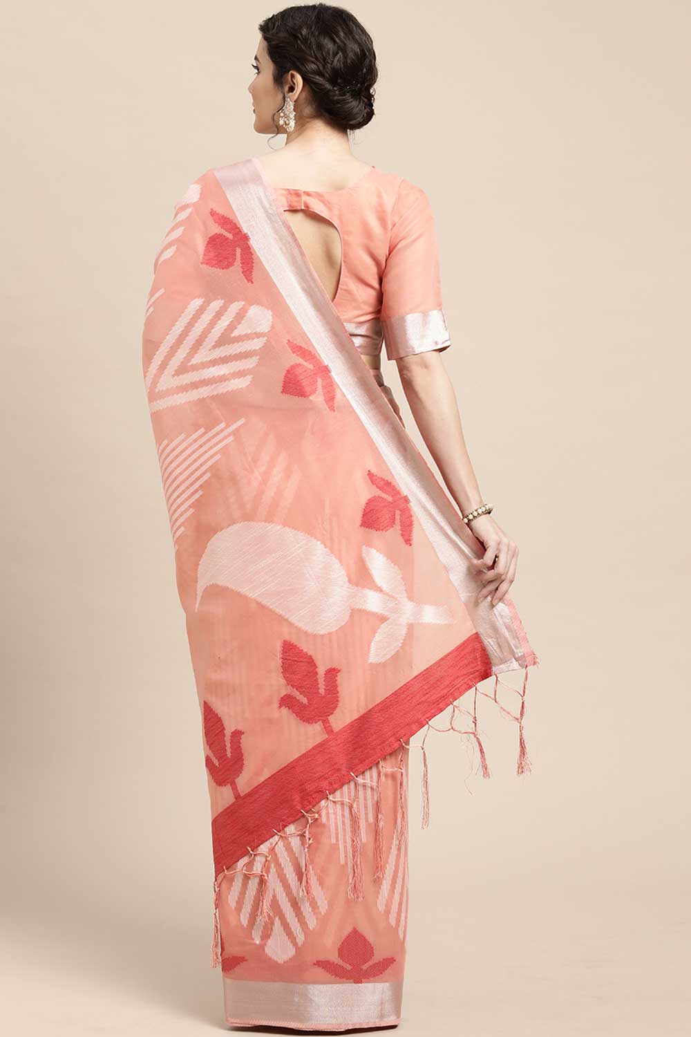 Shop Tia Peach Geometric Design Blended Cotton One Minute Saree at best offer at our  Store - One Minute Saree