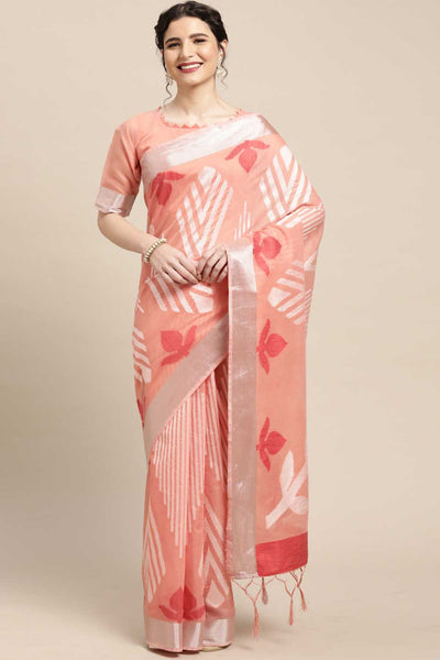 Buy Tia Peach Geometric Design Blended Cotton One Minute Saree Online - One Minute Saree